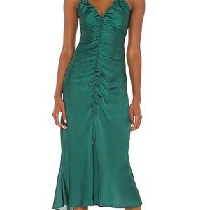 Free People Emerald Green Nothing Better Rushed Front V Neck Midi Slip Dress